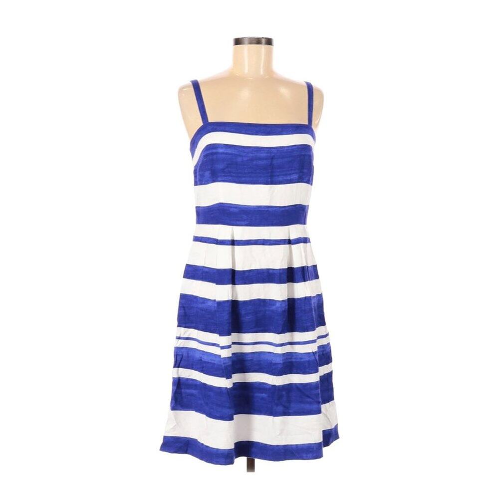 LOFT Stripe Flare A Line Dress Blue Nautical Pleat